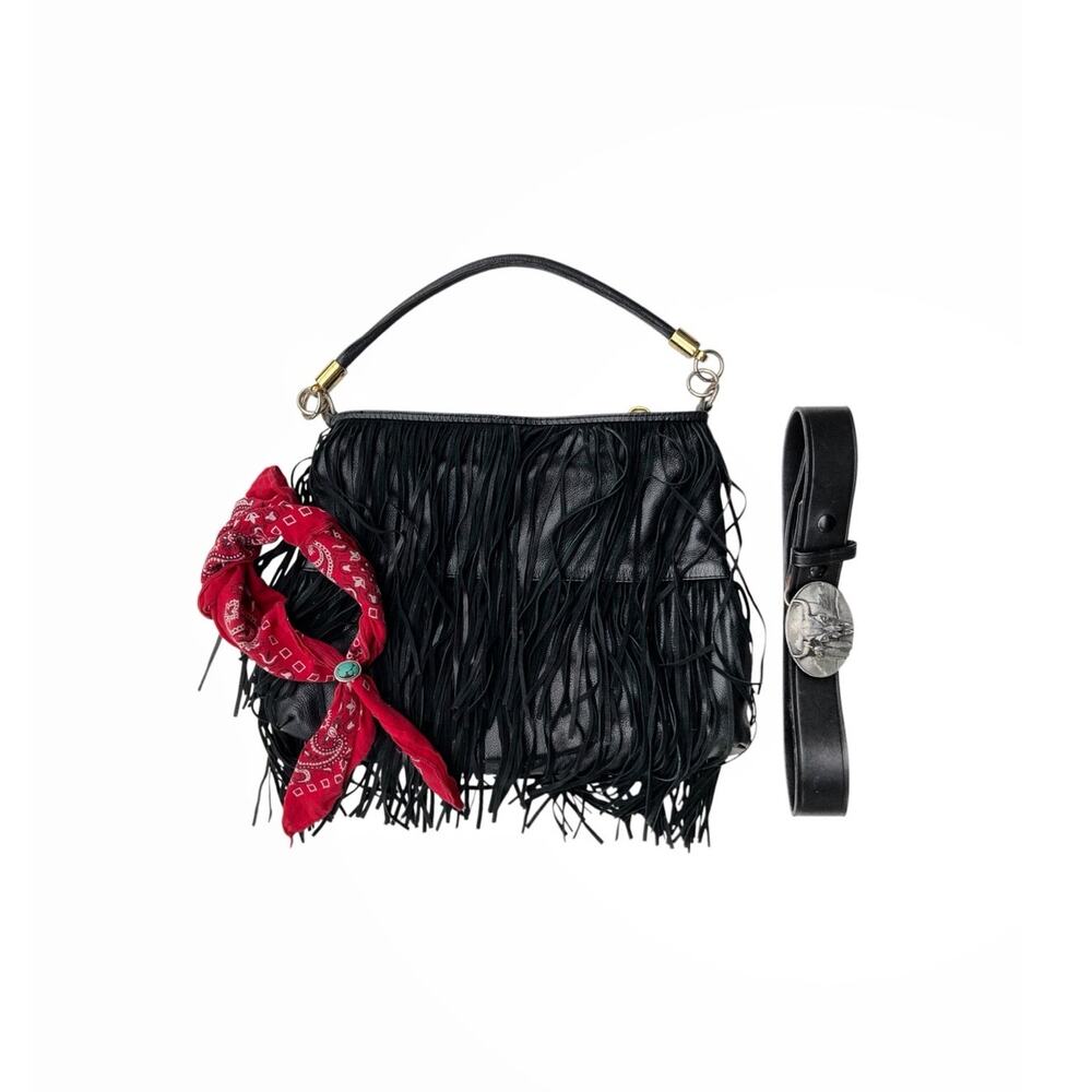 Vintage Black Leather Fringe Shoulder Bag | Boho Luxe Festival Hobo | Y2K Purse